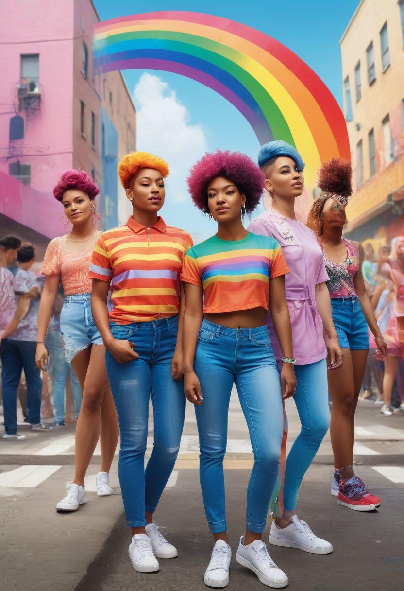 A vibrant illustration of diverse individuals standing hand-in-hand, each showcasing a unique expression of transgender identity through colorful clothing and hairstyles. Include symbols of pride, such as rainbow flags and inclusivity signs in the background. The setting should be a lively urban landscape filled with uplifting murals that celebrate diversity. super-realistic. bright colors. urban backdrop.