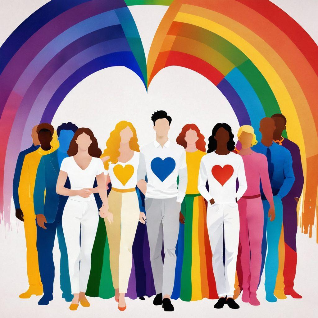 A colorful spectrum gently flowing through a neutral backdrop, featuring diverse figures expressing various gender identities and sexual orientations. Incorporate symbols of love and acceptance like intertwined hearts and a rainbow flag, blending together in a harmonious scene. The figures should display a range of styles, from modern fashion to traditional attire, representing inclusivity. super-realistic. vibrant colors. white background.