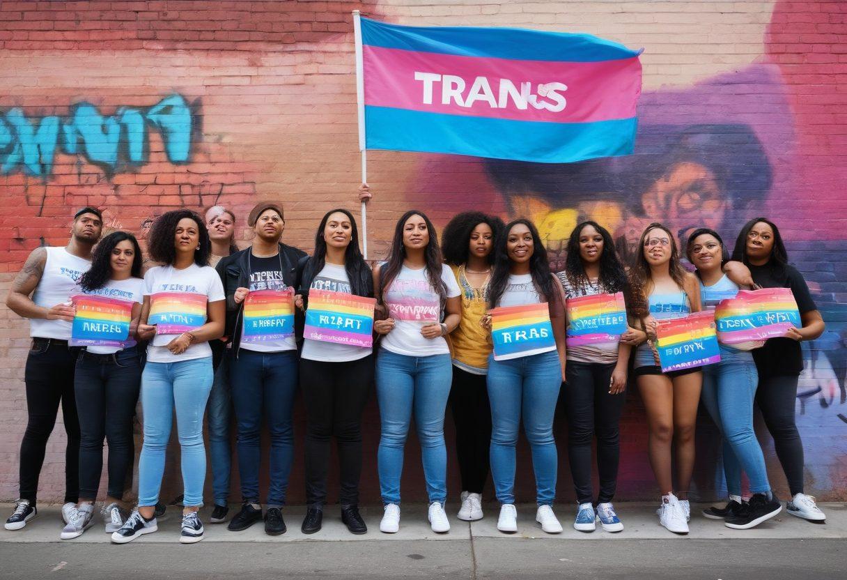 A powerful illustration of a diverse group of transgender individuals standing together, holding colorful banners that read 'Trans Rights Matter'. The background features an urban setting with graffiti art depicting the trans pride flag. Bright and bold colors dominate the scene, conveying strength and unity. Super-realistic details highlight the emotions on their faces, showcasing resilience and hope. vibrant colors. street art style.